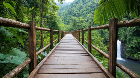 A wooden trail winding through dense forest, leading to waterfallの素材