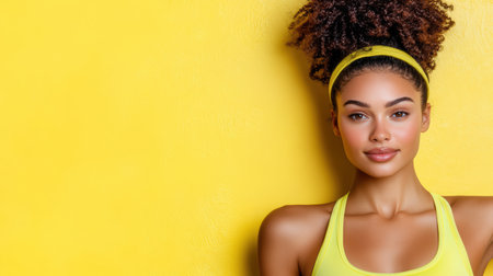 A Confident woman in bright yellow workout outfit against yellow backgroundの素材