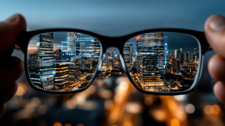 A close up of glasses showcasing vibrant city skyline at duskの素材