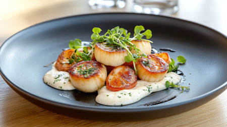 A Deliciously plated scallops with creamy sauce and fresh greensの素材