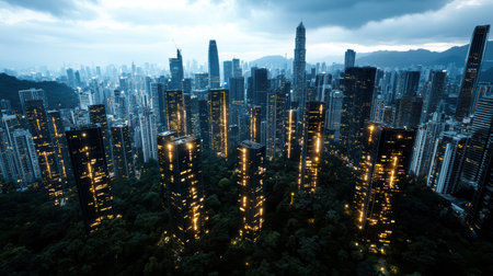 A futuristic cityscape with glowing skyscrapers and lush greeneryの素材