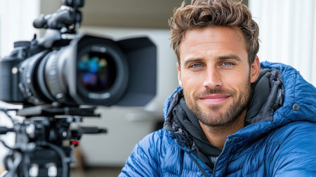 A film director smiling confidently behind camera, showcasing creativityの素材