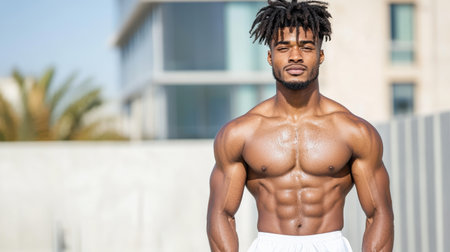 A focused athlete showcasing strength and determination outdoorsの素材