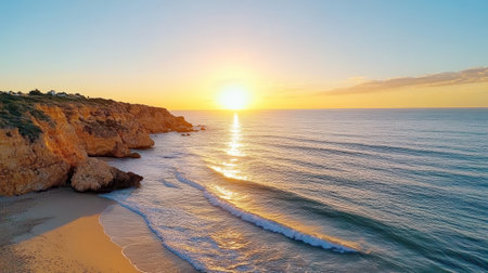 A stunning sunset over tranquil waves of Algarve coastの素材