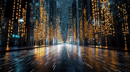 A futuristic cityscape illuminated by glowing lights and rainの素材