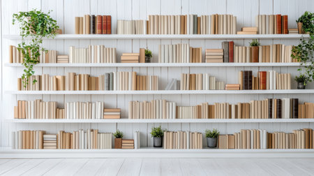 A Neatly arranged bookshelf filled with self improvement books and plantsの素材