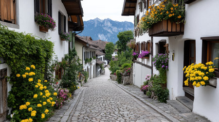 A Charming Swiss village with colorful houses and cobblestone streetの素材