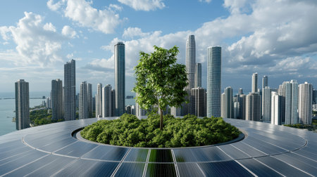 A futuristic cityscape featuring green tree surrounded by solar panels and skyscrapersの素材