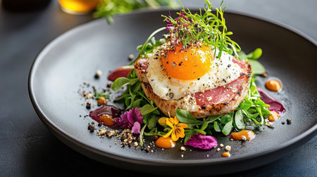 A beautifully plated dish featuring vibrant egg, greens, and edible flowersの素材