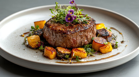 A beautifully plated gourmet dish featuring tender steak and vegetablesの素材