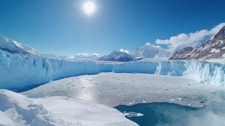 A stunning view of Perito Moreno Glacier with bright sunlight reflecting on icy landscapeの素材