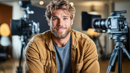 A filmmaker smiling in studio with cameras, showcasing creativity and passionの素材