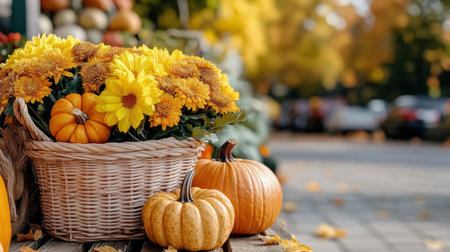 A vibrant basket of yellow flowers and pumpkins in autumnの素材