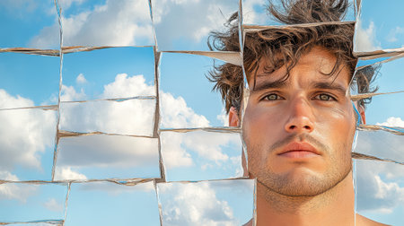 A conceptual self portrait reflecting in shattered mirrors, showcasing emotionsの素材