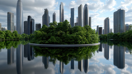 A futuristic cityscape with floating green island surrounded by waterの素材