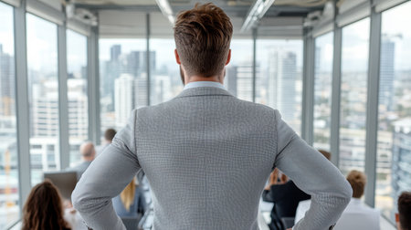 A confident leader standing in modern office overlooking busy cityの素材