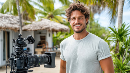 A Content creator smiling with camera in tropical setting, capturing momentsの素材