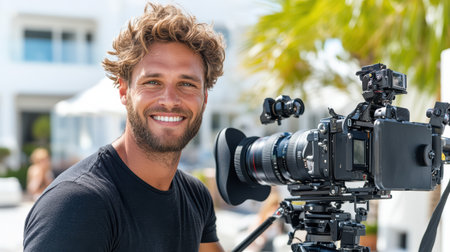 A Smiling man with camera on set, capturing creative moments outdoorsの素材