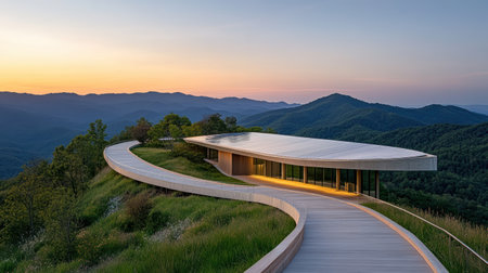 A modern building with curved pathway, surrounded by mountains at sunsetの素材