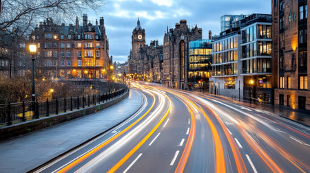 A long exposure shot of city traffic lights at dusk, showcasing motionの素材