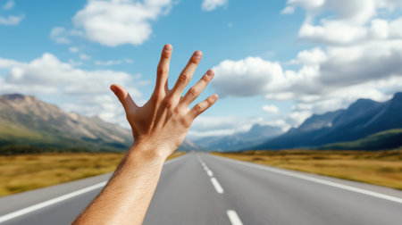 A hand reaching out of car window against scenic road viewの素材