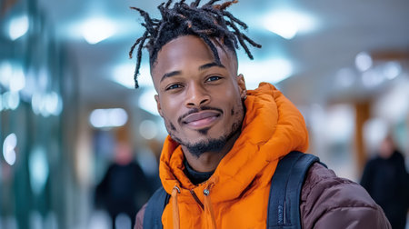 A young man with stylish hair wearing orange jacket, smiling confidentlyの素材