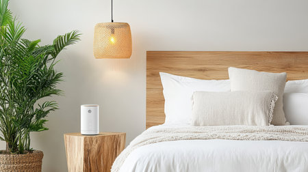 A modern bedroom featuring voice controlled AI assistant, cozy decor, and greeneryの素材