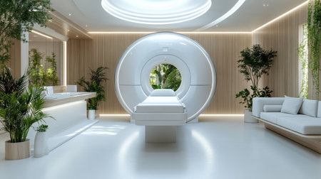 A modern MRI scan room featuring advanced medical equipment and greeneryの素材