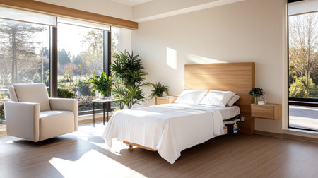 A bright and modern private patient recovery room with hospital bedの素材