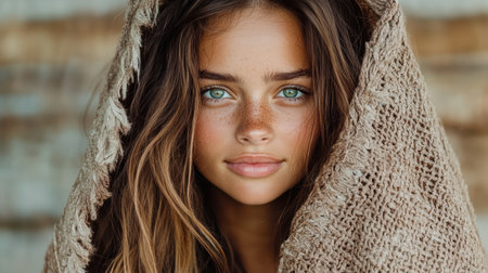 A young woman with striking blue eyes wrapped in textured blanket, exuding warmth and emotionの素材