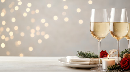 An Elegant dinner setting with champagne glasses, candles, and rosesの素材