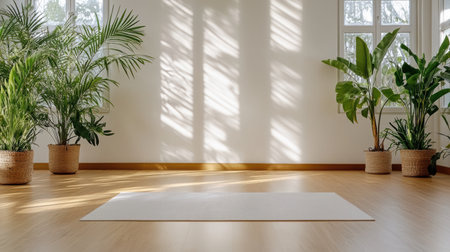 A serene yoga session in sunlit studio with soft light and plantsの素材