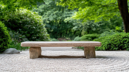 A serene wooden bench in Japanese Zen garden surrounded by greeneryの素材