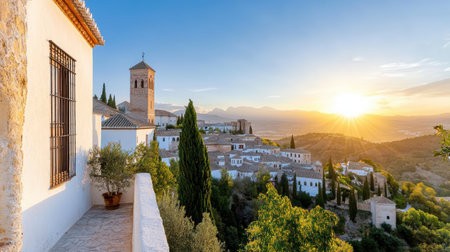 A stunning sunset view from Alhambra, Granada, showcasing beautiful landscape and architectureの素材