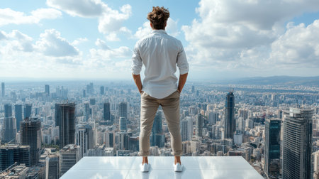 A solo entrepreneur standing on top of skyscraper, overlooking city skylineの素材