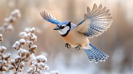 A stunning blue jay taking flight with wings spread wide in snowy landscapeの素材