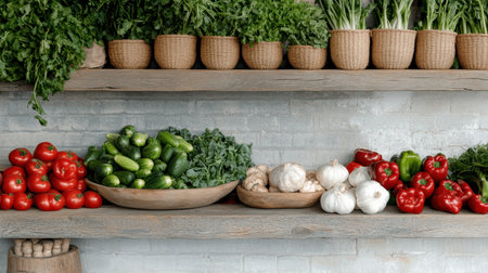 A Fresh vegetables displayed on wooden shelves in market stallの素材