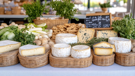 A Fresh cheese and vegetables displayed at traditional marketの素材