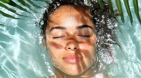 A woman submerged in pool, only her face visible, serene expressionの素材