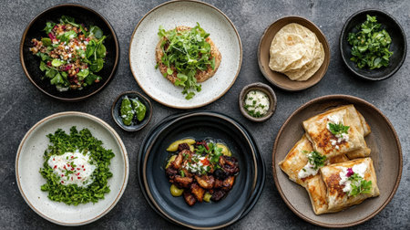 A top down view of luxurious seven course meal featuring various dishesの素材