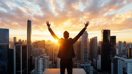 A Man in suit celebrating at sunrise over industrial city skylineの素材