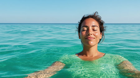 A woman floating in calm ocean waters, eyes closed, enjoying tranquilityの素材