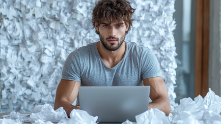 A young man focused on writing passionately at laptop surrounded by crumpled paperの素材