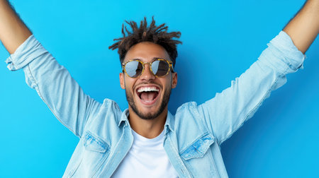 A Young man celebrating with arms raised, wearing sunglasses and denim jacketの素材