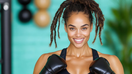 A Smiling woman in boxing gloves, ready for workout session, energetic vibeの素材