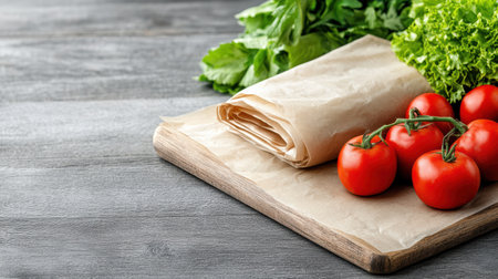 A Fresh tomatoes and lettuce on wooden board with paper wrapの素材