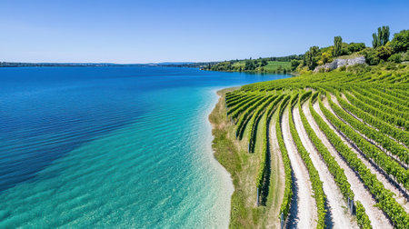 An Aerial view of vineyard by serene blue lake, showcasing lush greeneryの素材