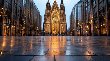 A Stunning view of Cologne Cathedral with reflections on wet pavementの素材