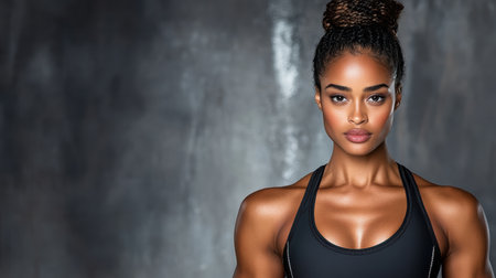 An Athletic woman in black sport bra showcasing her strong physiqueの素材