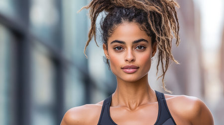 A Fit woman in black sports bra with confident expression outdoorsの素材